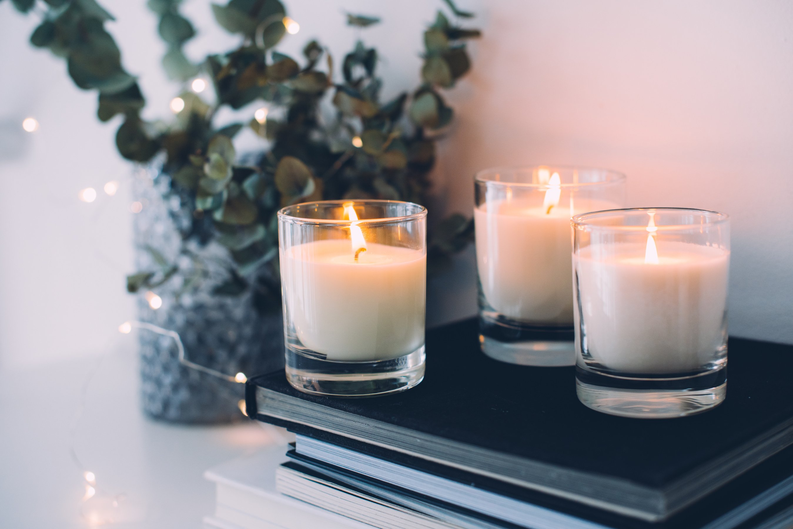 Cozy home interior decor, burning candles